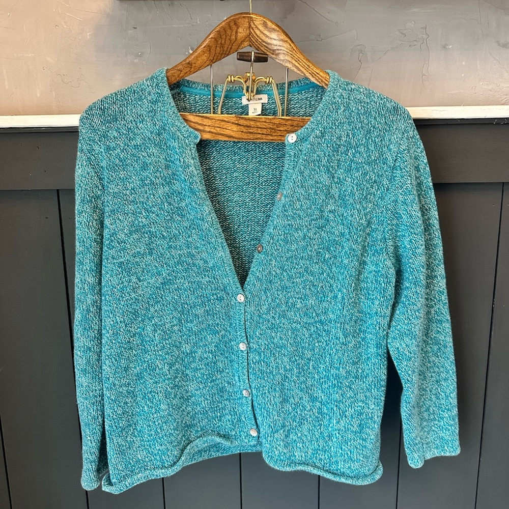L.L. Bean Teal Marled Knit Button Cardigan Sweater Womens  size XL Cozy Classic‎